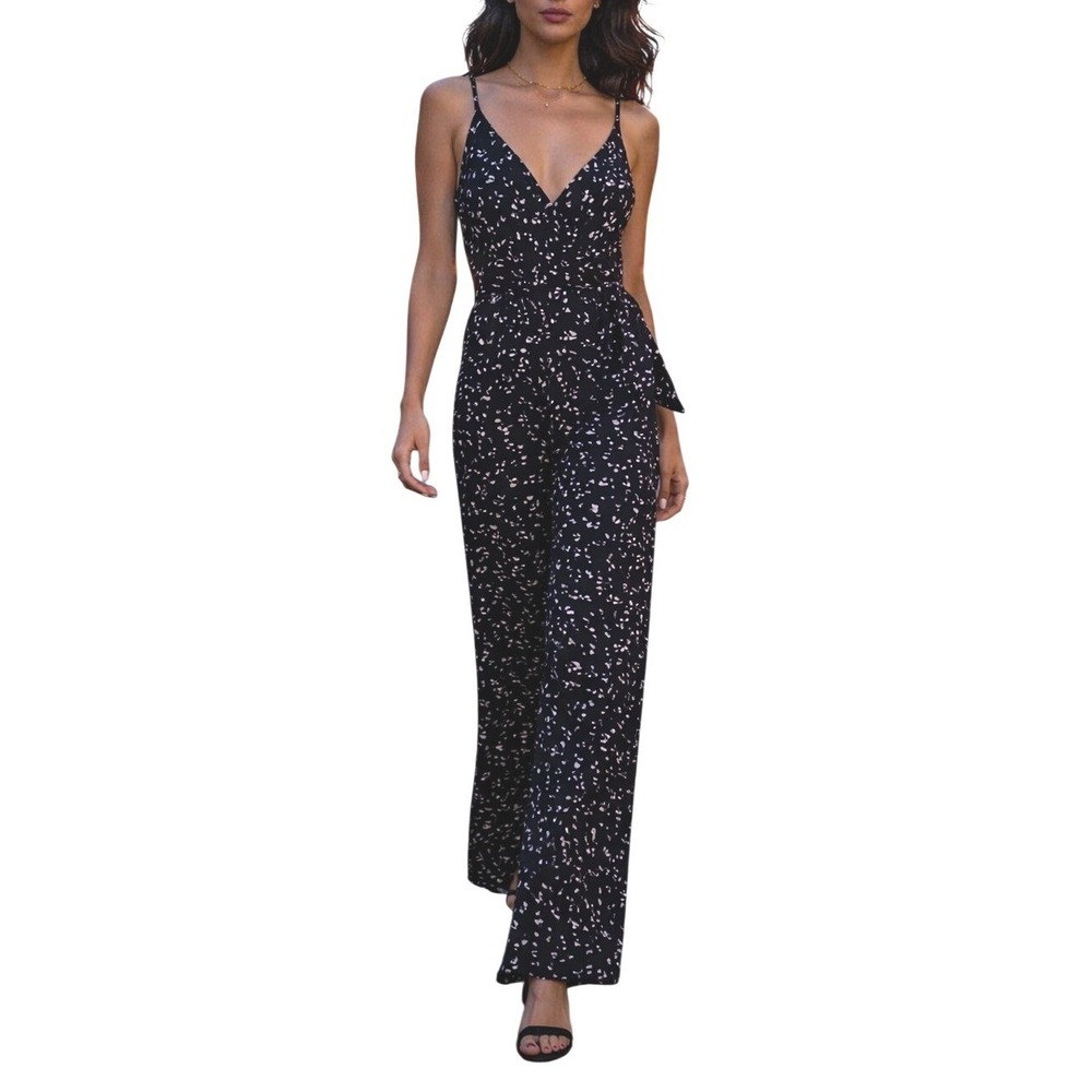 Kaileigh Womens Black White Abstract Print V-Neck Wide Leg Jumpsuit Romper S